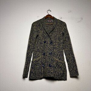 Carol Rose Coat Jacket Women M Yellow Blue Interweave Knit Double Breasted Warm